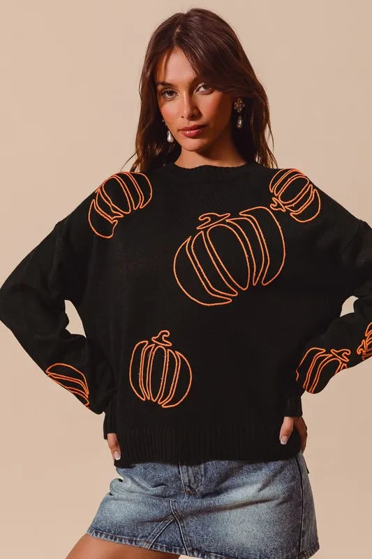 SO ME Pumpkin Embroidered Halloween Thanksgiving Sweater - Sydney So Sweet