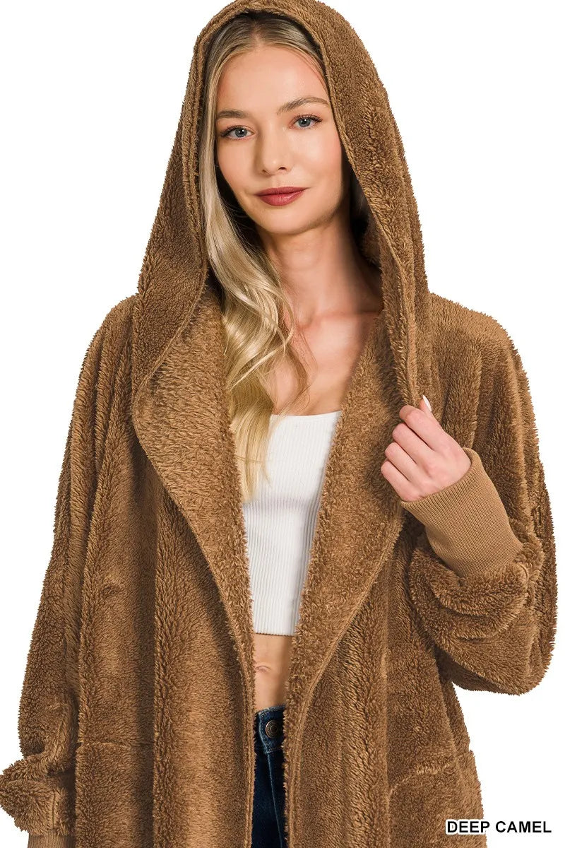 Zenana Hooded Faux Fur Jacket with Pockets - Sydney So Sweet