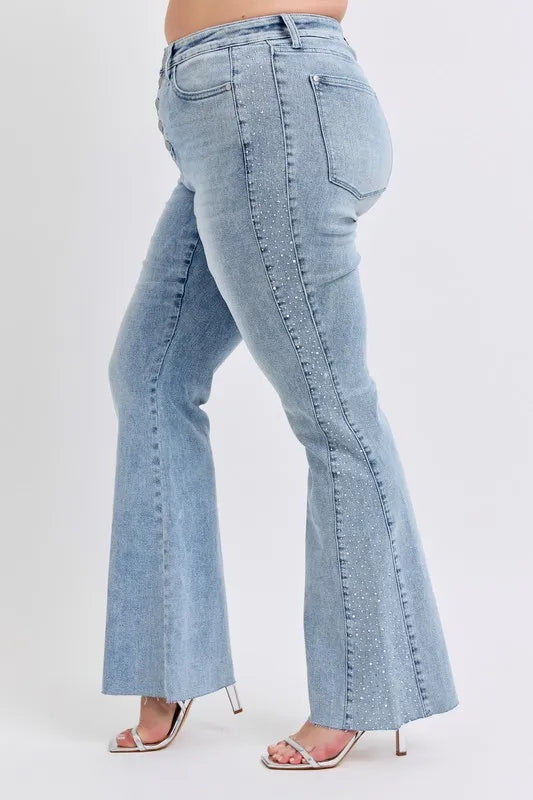 Judy Blue Full Size Mid Rise Rhinestone Side Panel Detail Flare Jeans Plus Size - Sydney So Sweet