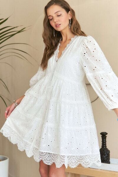 ADORA Lace Detail Tiered Eyelet V-Neck Babydoll Dress - Sydney So Sweet