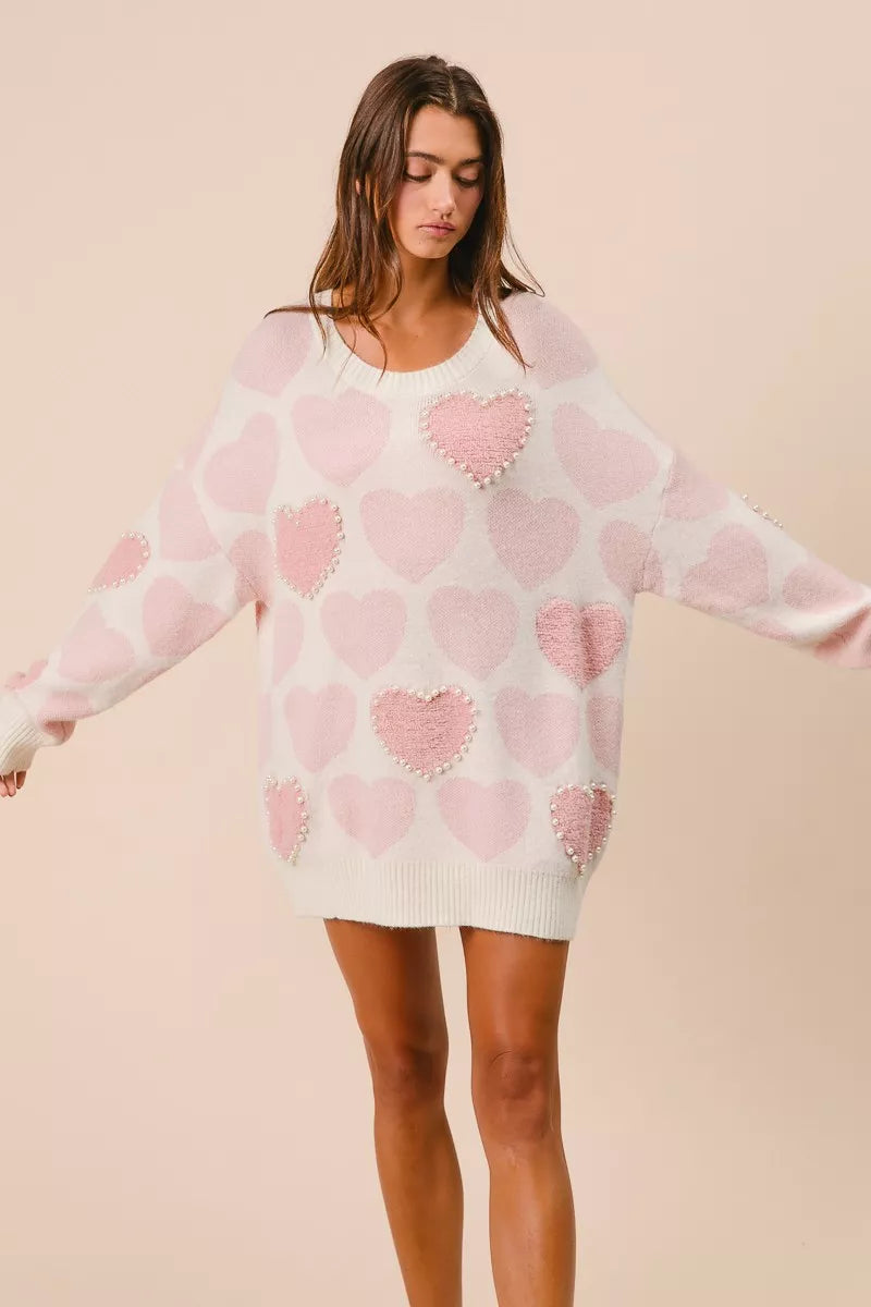 BiBi Heart Pattern Sweater with Pearl Detail - Sydney So Sweet