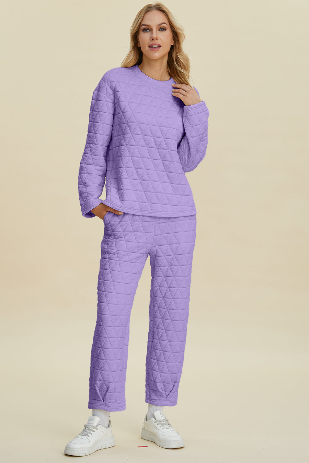 Double Take Full Size Texture Round Neck Long Sleeve Top and Pants Set - Sydney So Sweet