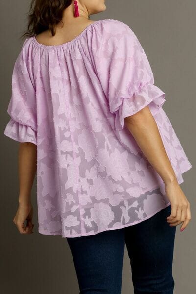 Umgee Full Size Jacquard Round Neck Ruffled Puff Sleeve Blouse Plus Size - Sydney So Sweet