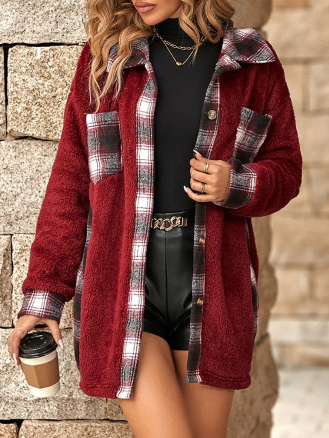 Plaid Button Up Long Sleeve Fuzzy Shacket - Sydney So Sweet