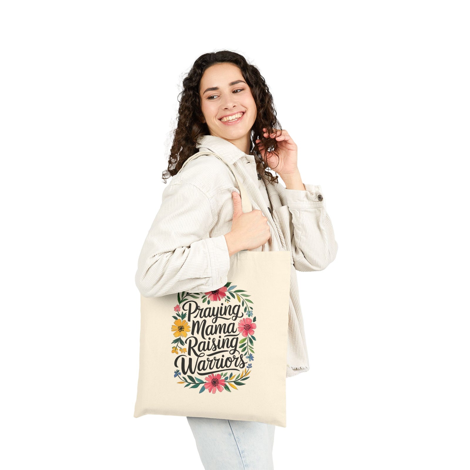 Praying Mama Raising Warriors Tote Bag Floral Inspirational Cotton Canvas Shopper
