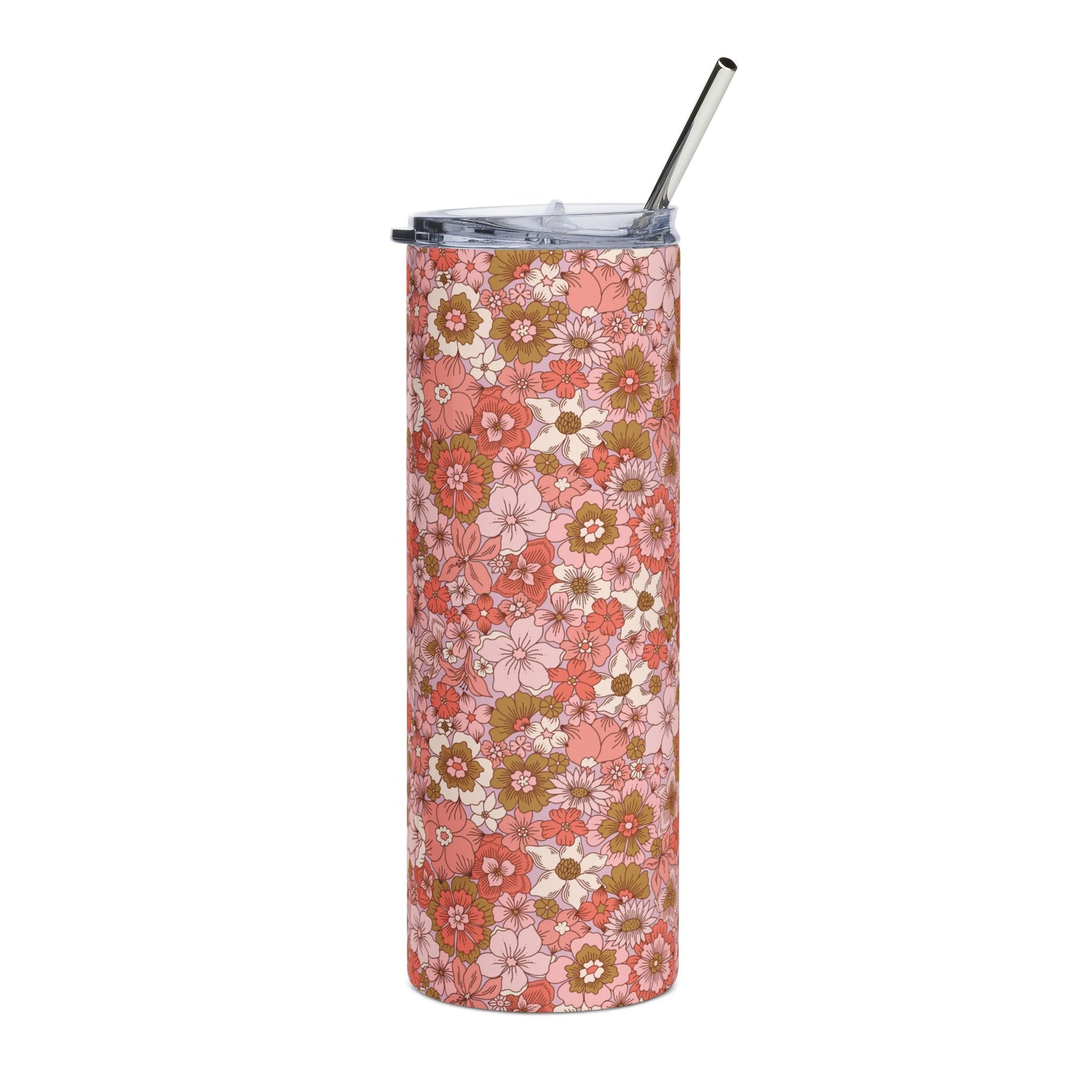 Pink Retro Flower Blossom 20oz Floral Stainless Steel Insulated Tumbler Travel Cup
