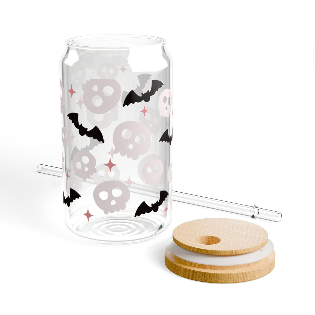 Spooky Halloween Skull & Bats Sipper Glass 16oz Reusable Drink Jar with Lid & Straw