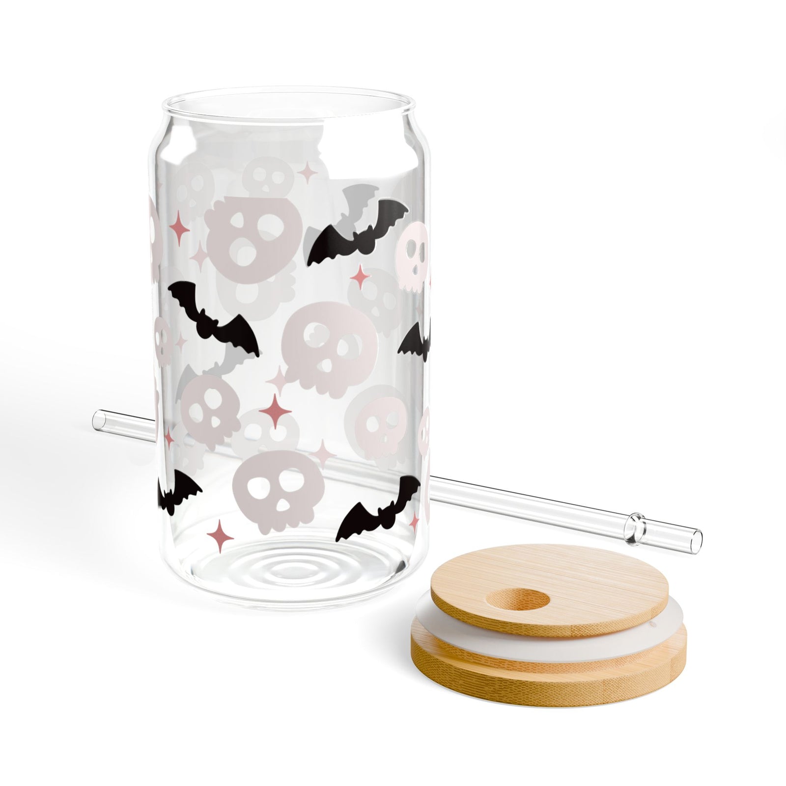 Spooky Halloween Skull & Bats Sipper Glass 16oz Reusable Drink Jar with Lid & Straw