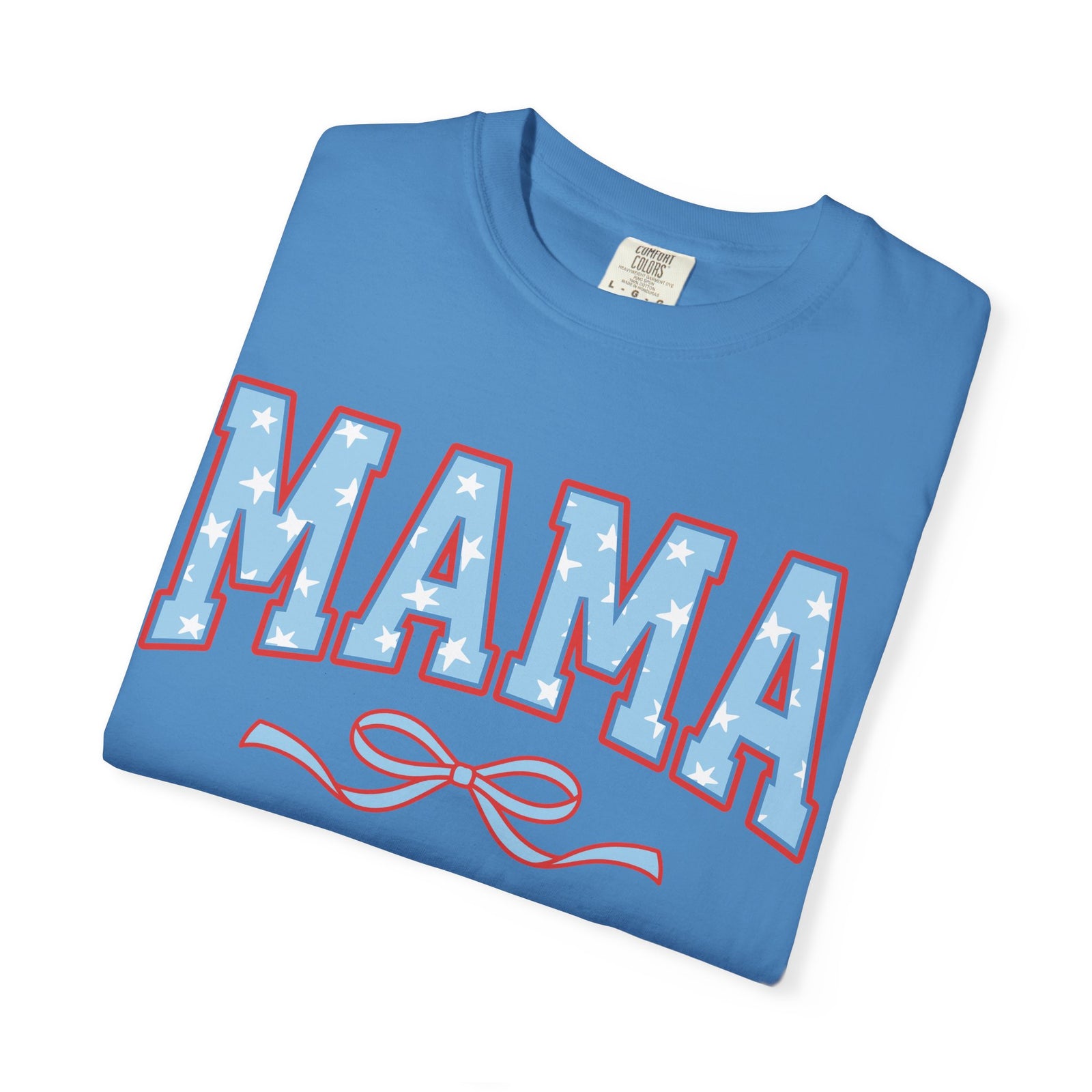 Mama 4th of July USA Coquette Varsity Blue Bow Patriotic T-shirt Preppy Star Tee