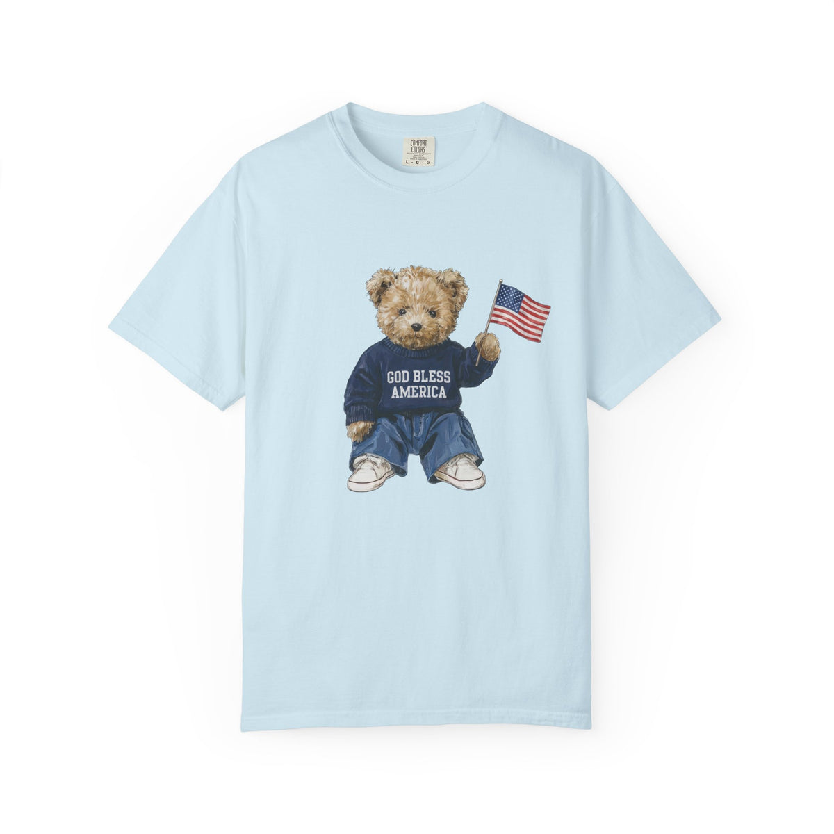 God Bless America Patriotic Teddy Bear with Flag Graphic T-Shirt