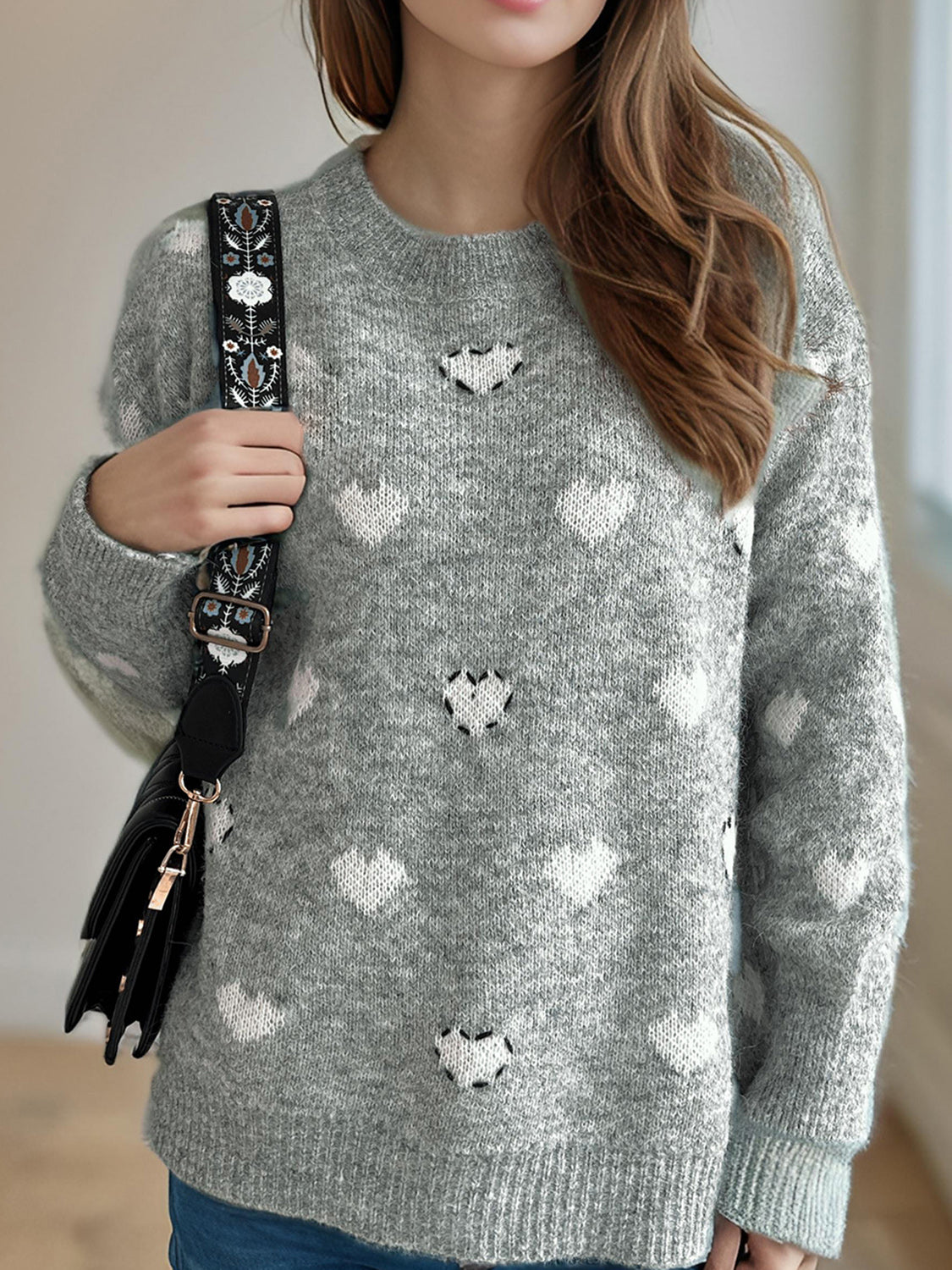 Heart Round Neck Long Sleeve Sweater - Sydney So Sweet