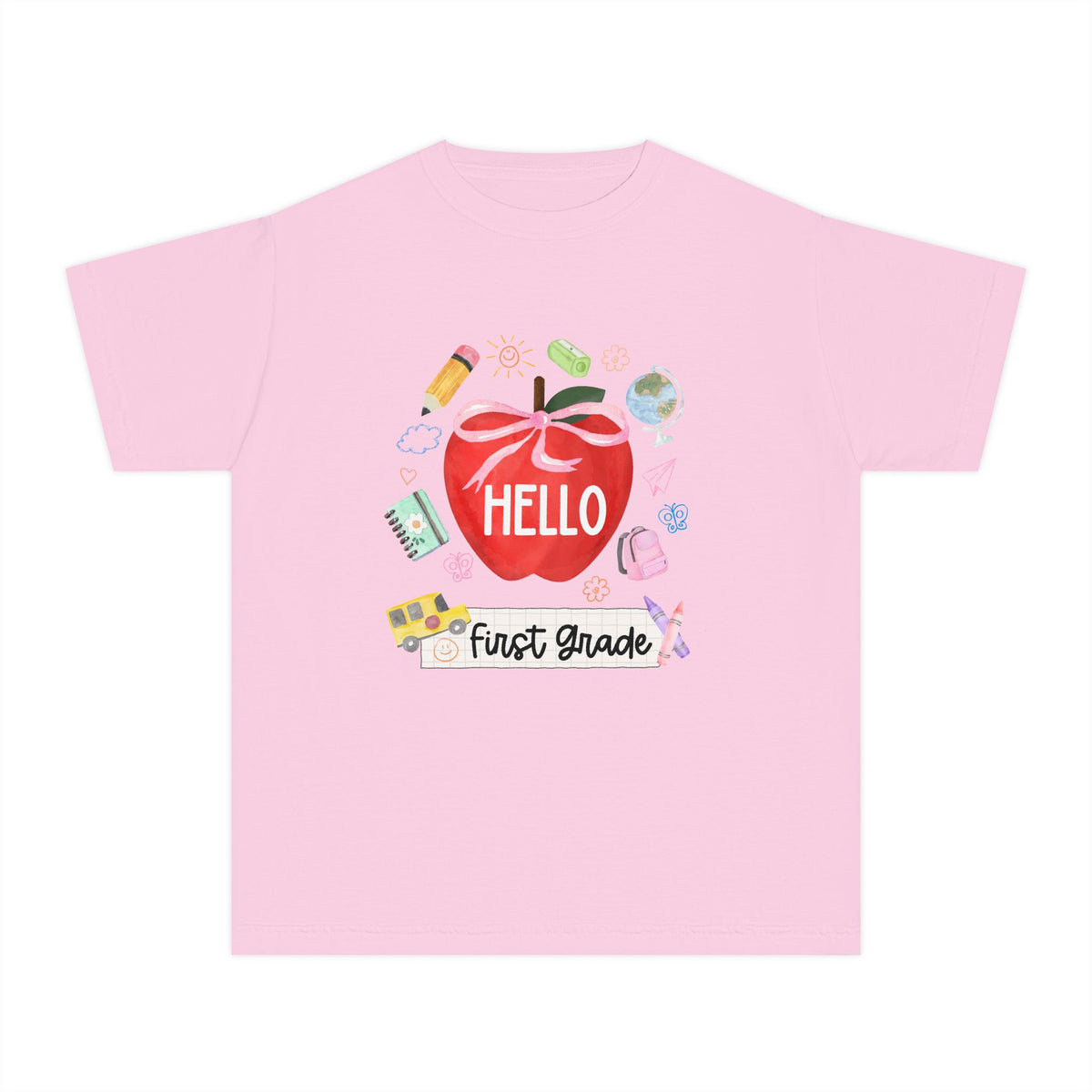 Hello First Grade Preppy Coquette Apple Graphic Tee Back to School 1st Grade T-Shirt