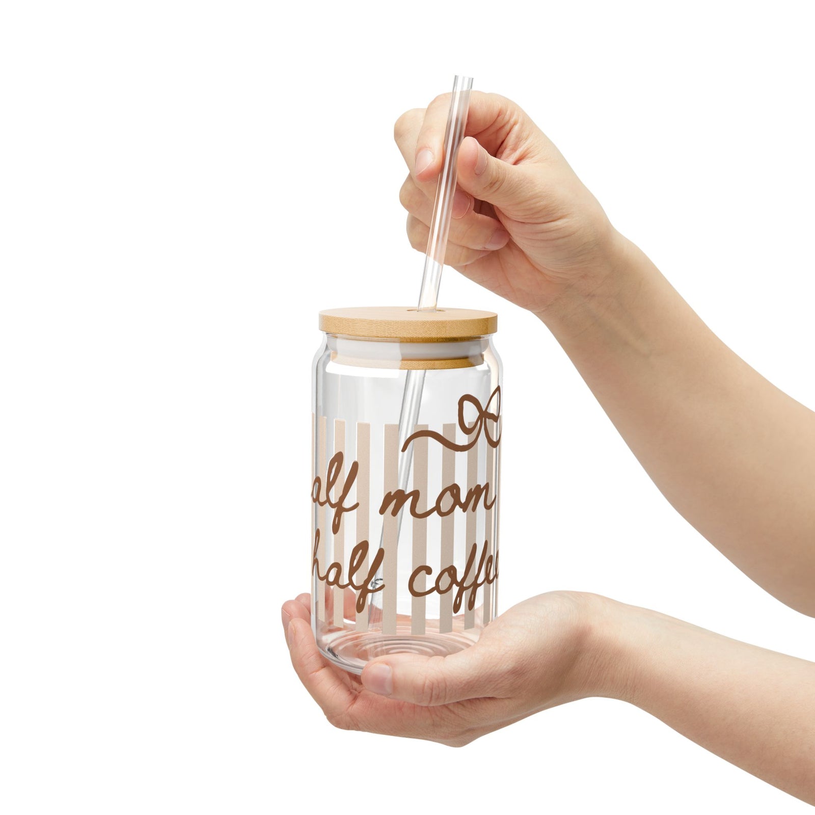 Half Mom Half Coffee Sipper Glass 16oz Reusable Drink Jar with Lid & Straw