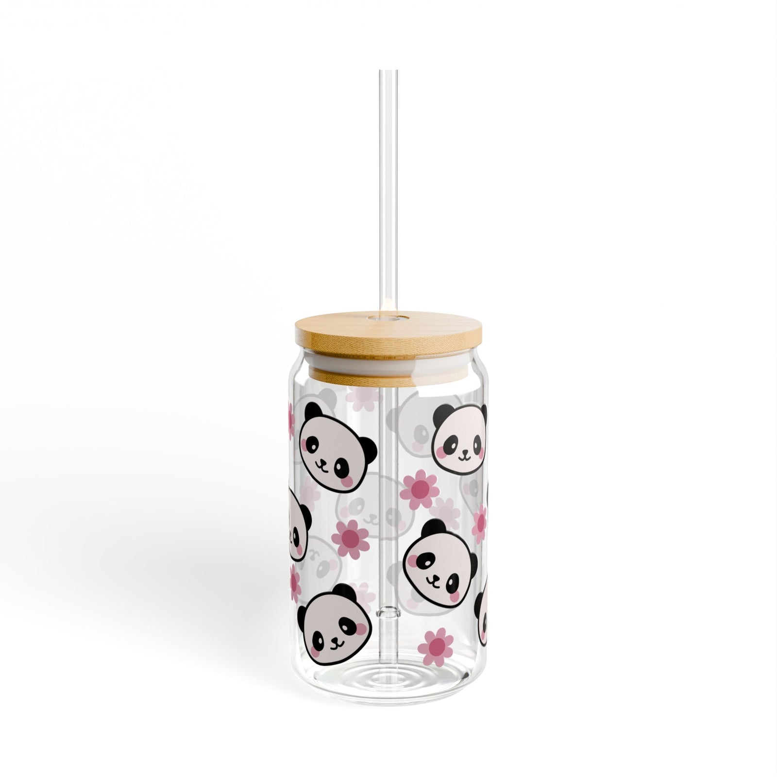 Panda Blossom Tumbler Sipper Glass 16oz — Reusable Drink Jar with Lid & Straw - Sydney So Sweet