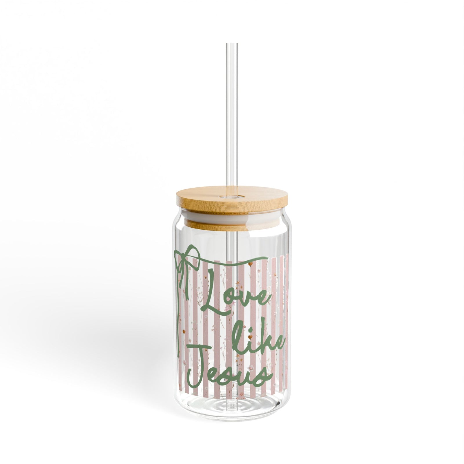 Love Like Jesus Pink Stripe Sipper Glass 16oz Reusable Drink Jar with Lid & Straw