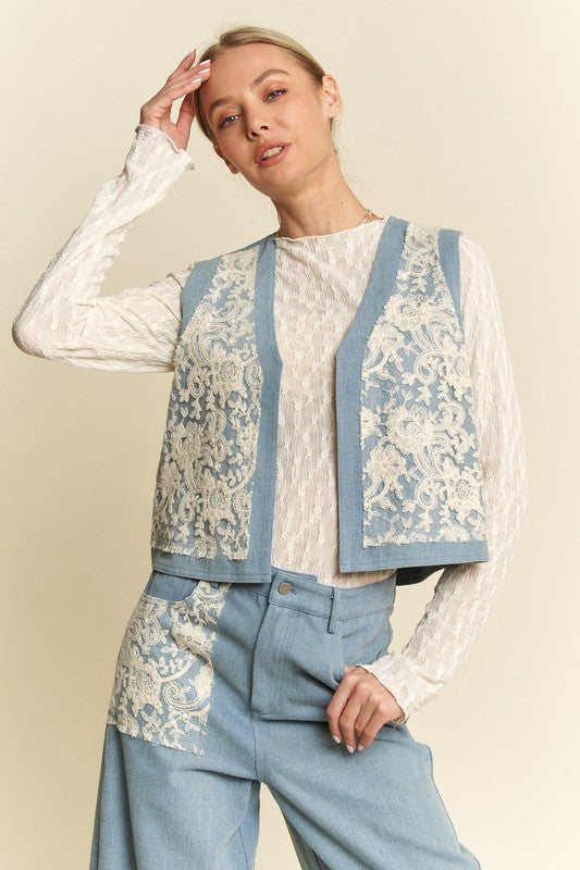 Davi &amp; Dani Lace Patch Open Front Denim Vest - Sydney So Sweet