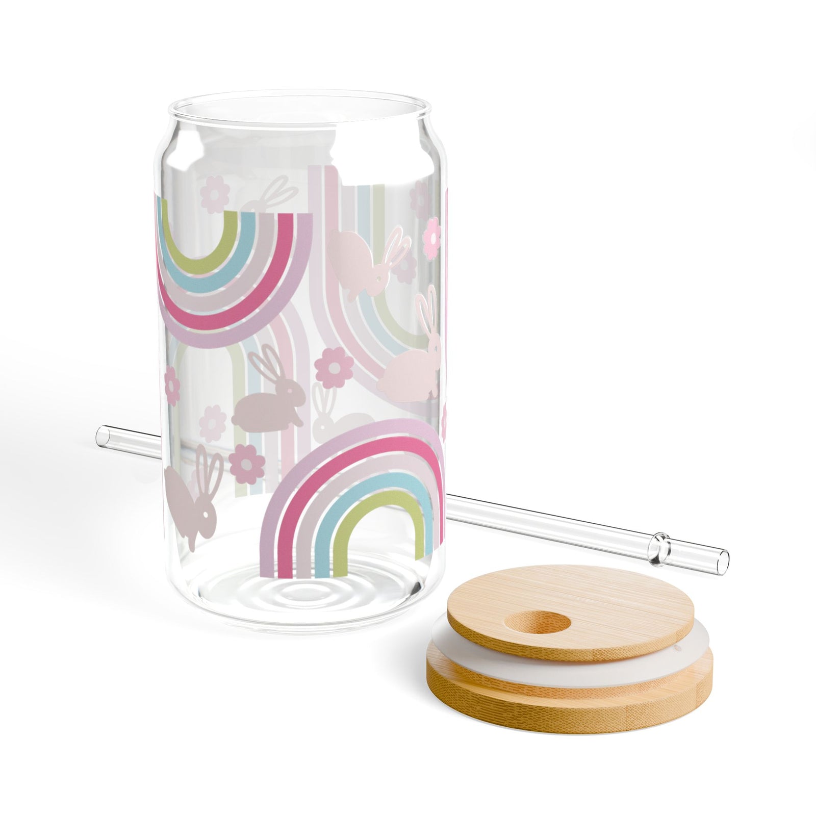 Pastel Bunny Rainbow Tumbler Sipper Glass 16oz — Reusable Drink Jar with Lid & Straw