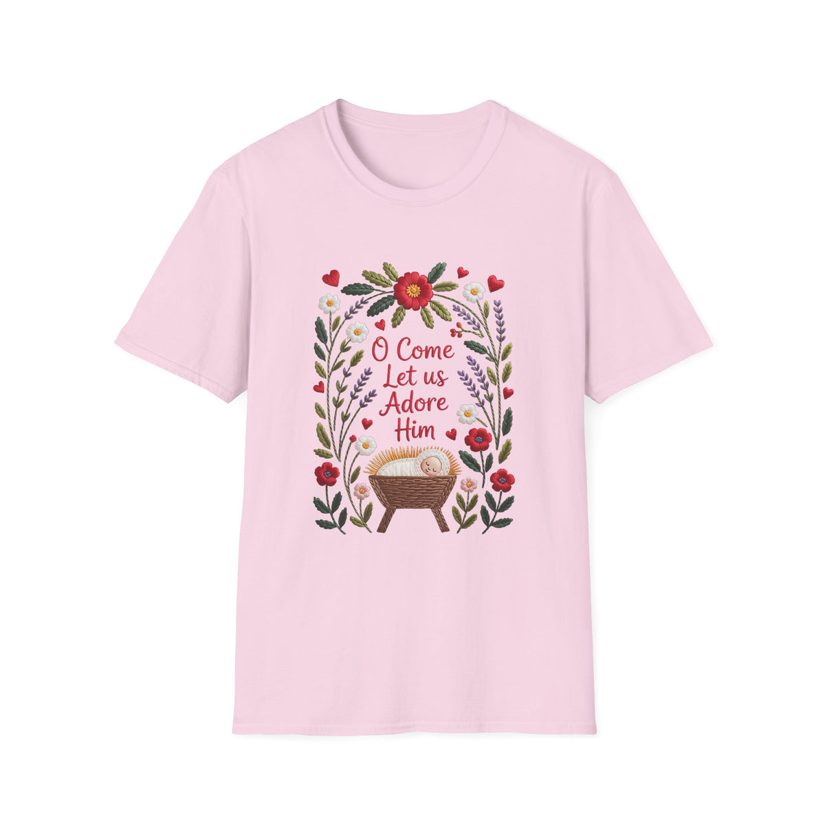 O Come Let Us Adore Him Christmas Tee Faux Embroidery Christian T-Shirt