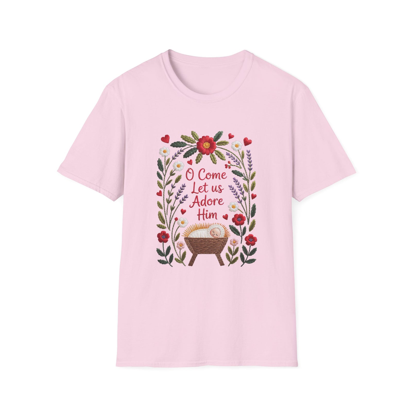 O Come Let Us Adore Him Christmas Tee Faux Embroidery Christian T-Shirt