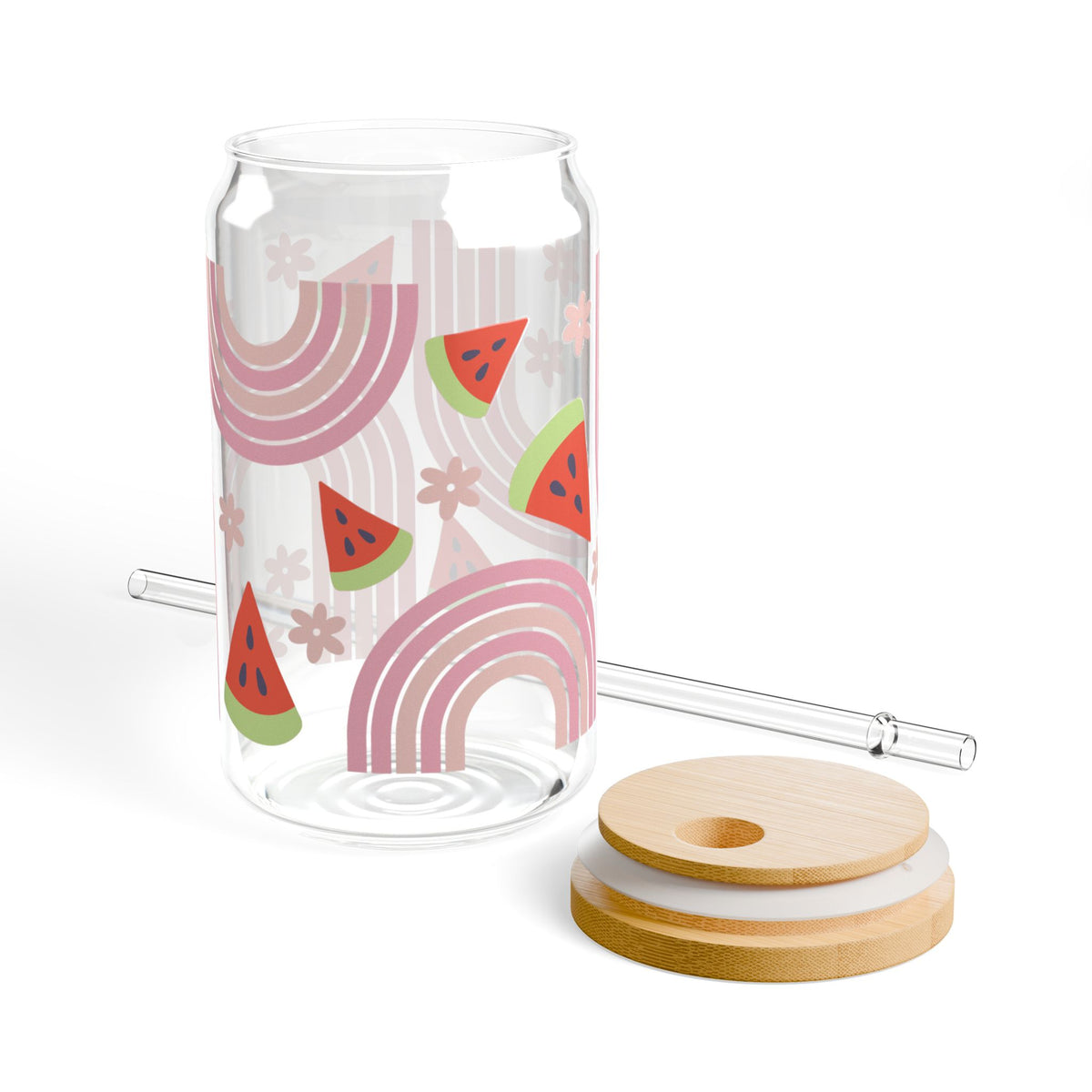 Watermelon Rainbow Tumbler Sipper Glass 16oz — Reusable Drink Jar with Lid & Straw