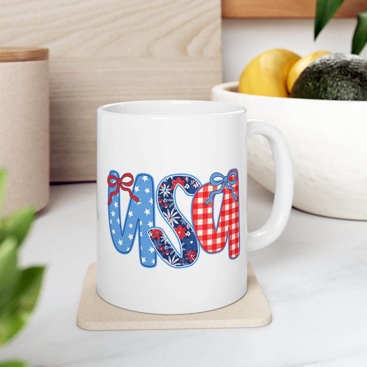 USA Coquette Bow Patriotic Cute Ceramic Mug Coffee Cup (11oz & 15oz)