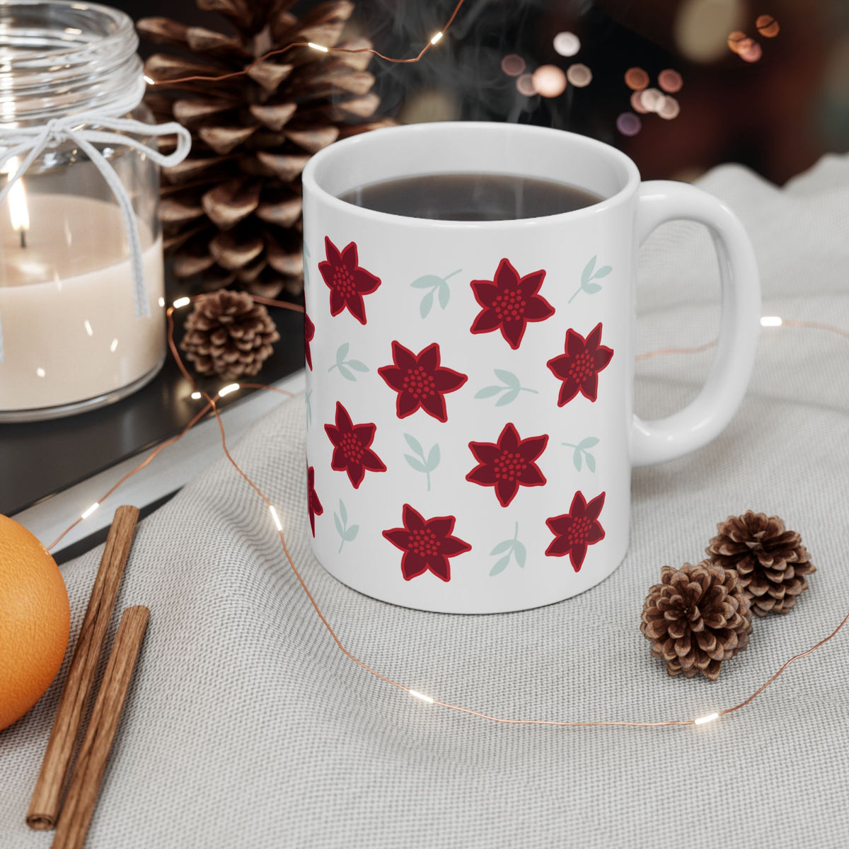 Poinsettia Christmas Flowers Ceramic Mug Coffee Cup (11oz & 15oz)