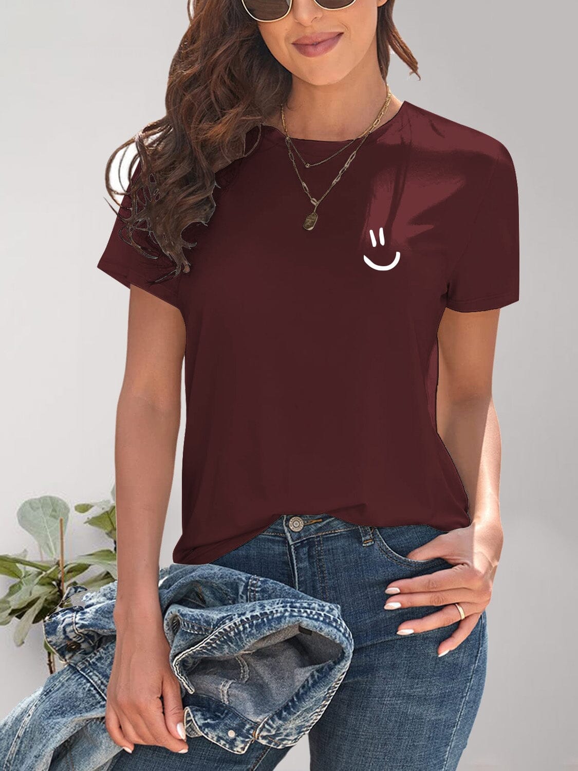 Smile Graphic Round Neck Short Sleeve T-Shirt - Sydney So Sweet