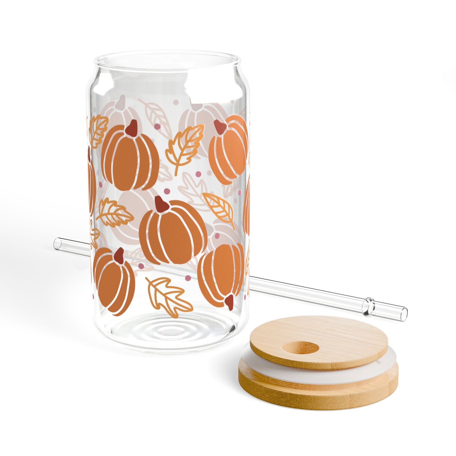 Pumpkin Leaf Fall Sipper Glass 16oz Reusable Drink Jar with Lid & Straw