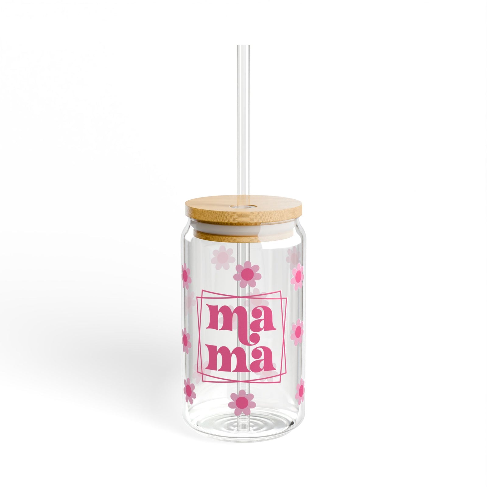 Mama Pink Flower Tumbler Sipper Glass 16oz — Reusable Drink Jar with Lid & Straw