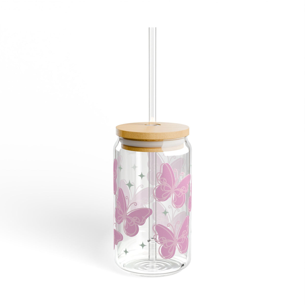 Flutter Pink Butterfly Tumbler Sipper Glass 16oz — Reusable Drink Jar with Lid & Straw