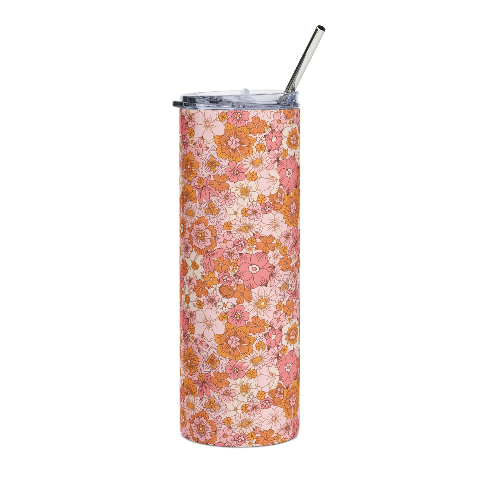 Retro Pink Orange Fall Floral 20oz Stainless Steel Tumbler Insulated Travel Cup