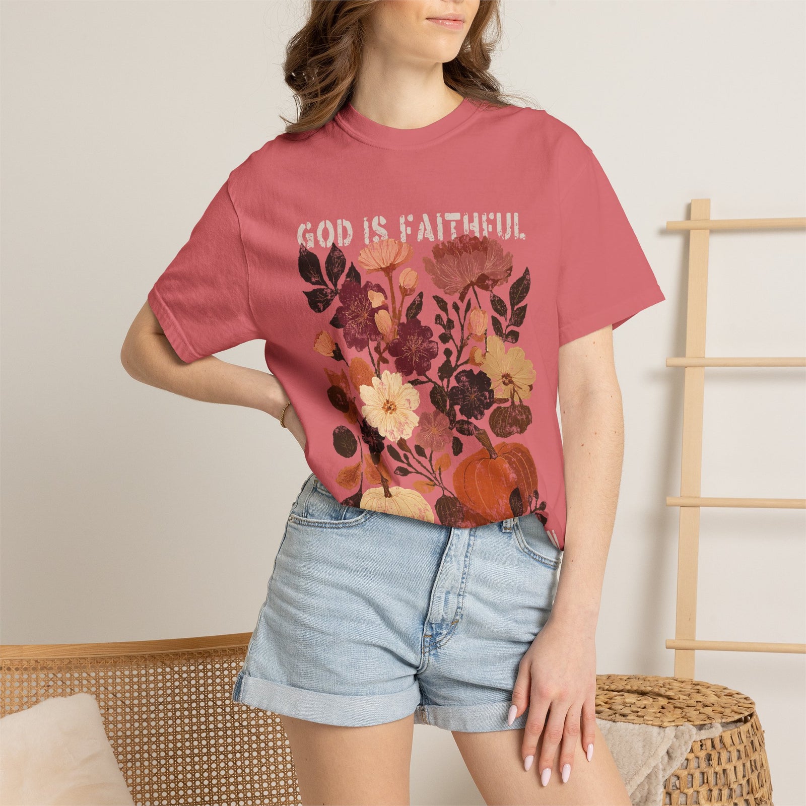 God is Faithful Floral Pumpkin T-Shirt Christian Distressed Fall Graphic Tee