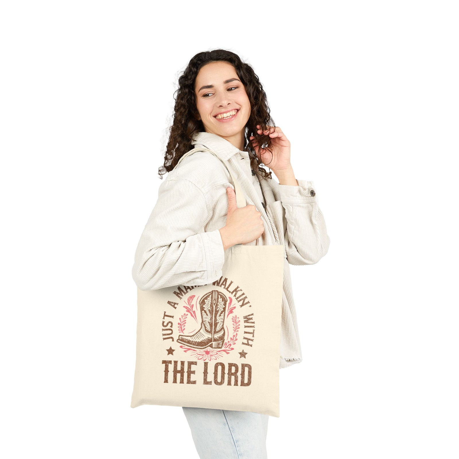 Just a Mama Walkin' with the Lord Faith Cowboy Boot Cotton Canvas Tote Bag