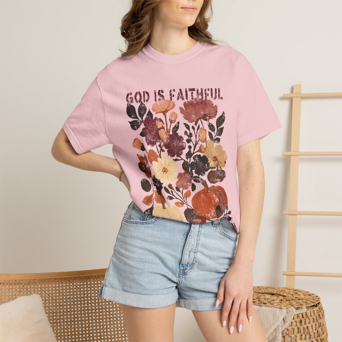 God is Faithful Floral Pumpkin T-Shirt Christian Distressed Fall Graphic Tee