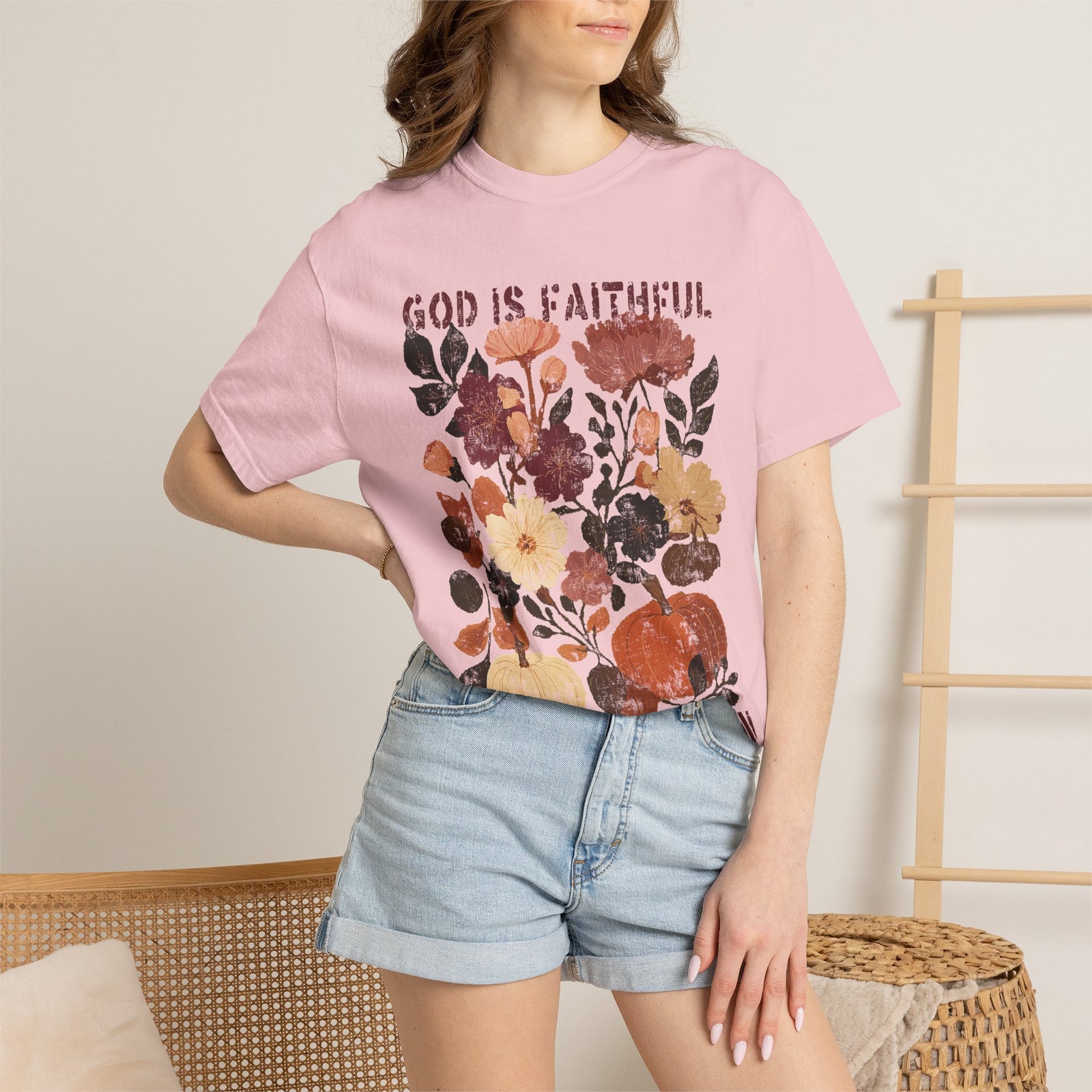 God is Faithful Floral Pumpkin T-Shirt Christian Distressed Fall Graphic Tee