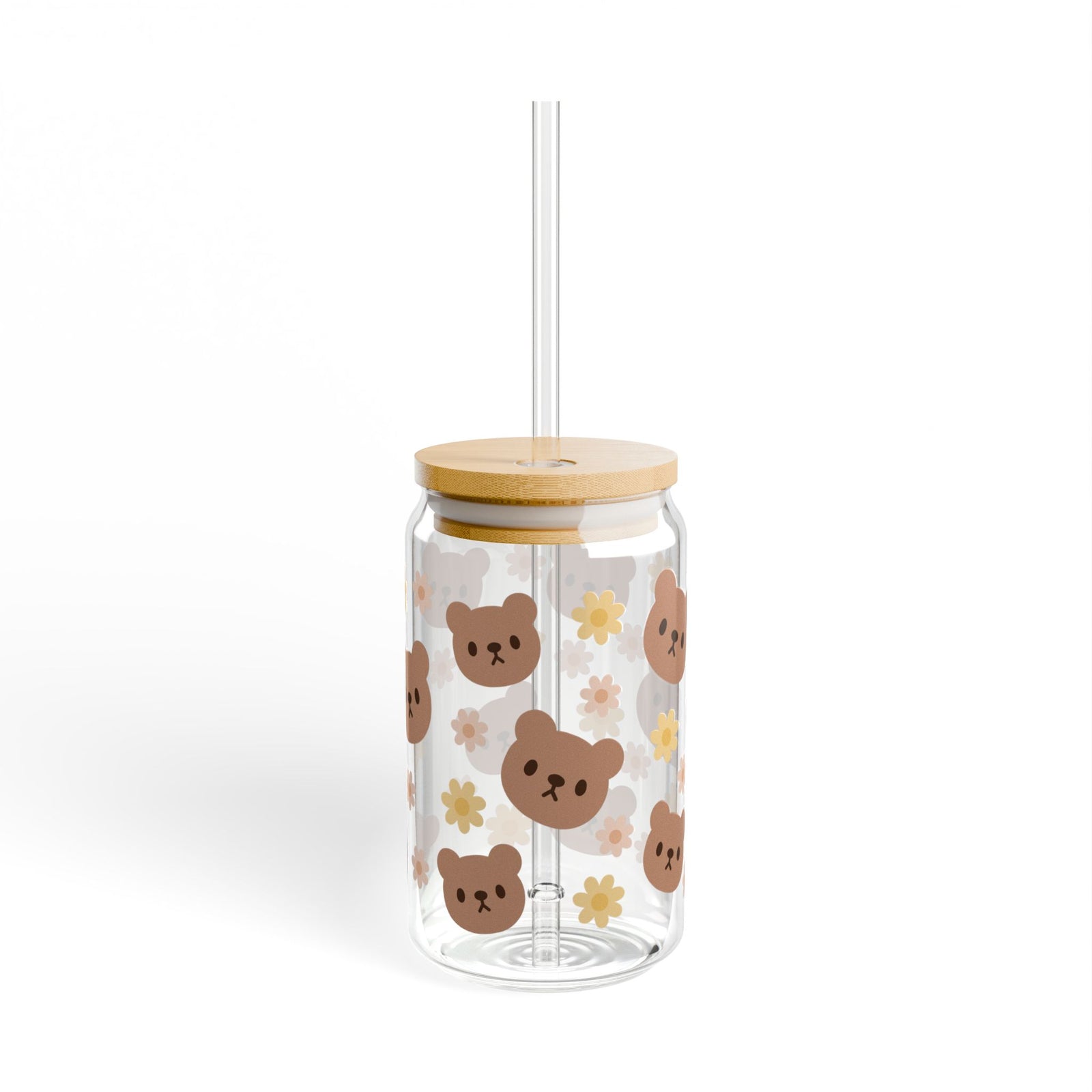 Teddy Bear Daisy Tumbler Sipper Glass 16oz — Reusable Drink Jar with Lid & Straw - Sydney So Sweet