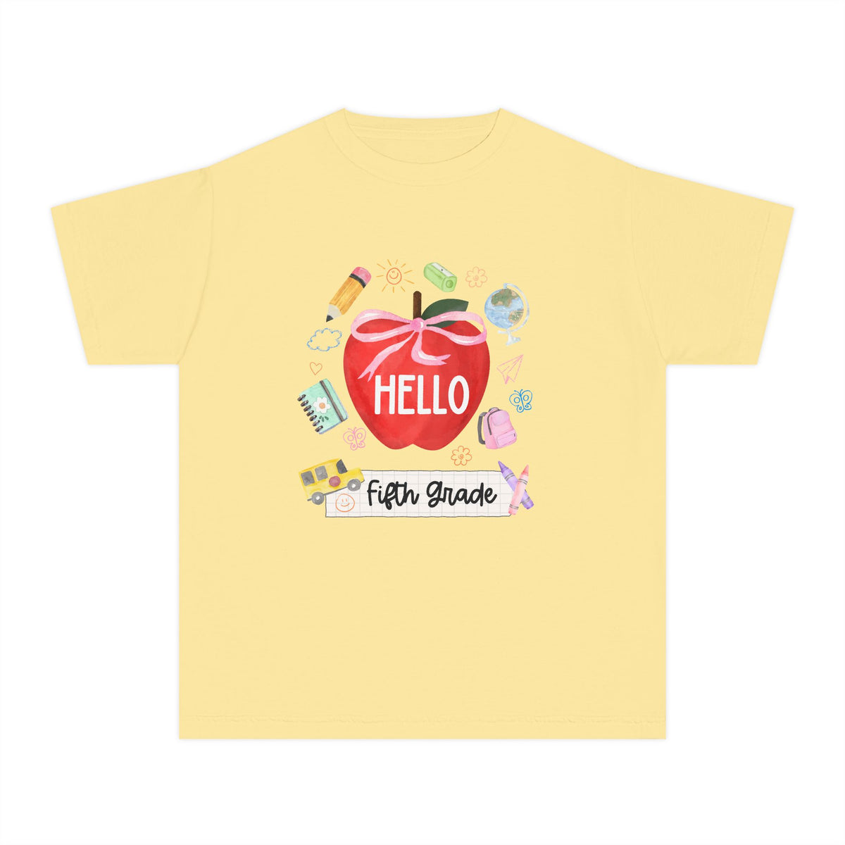 Hello Fifth Grade Preppy Coquette Apple Graphic Tee Back to School 5th Grade T-Shirt