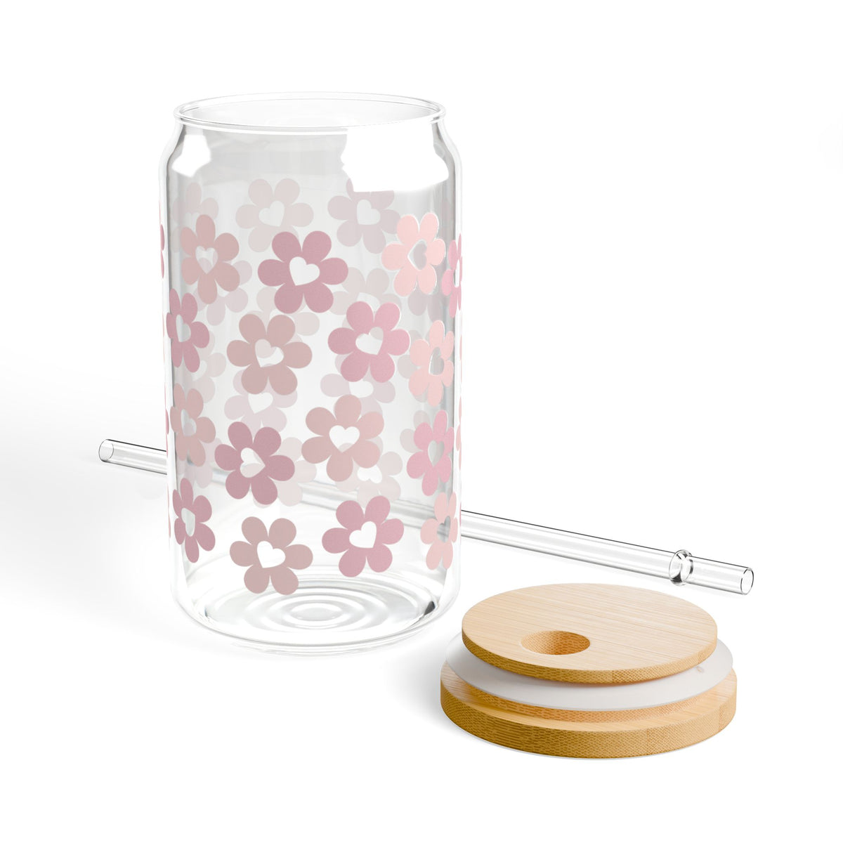 Pink Heart Daisies Tumbler Sipper Glass 16oz — Reusable Drink Jar with Lid & Straw - Sydney So Sweet