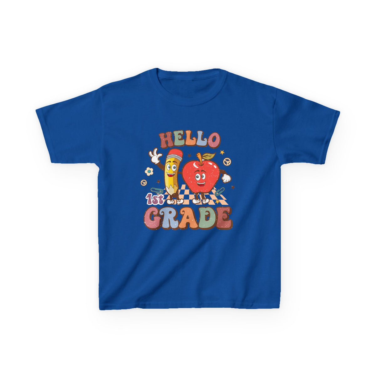 Hello 1st Grade Cute Apple & Pencil Graphic Tee Back-to-School First Grade Kids T-Shirt