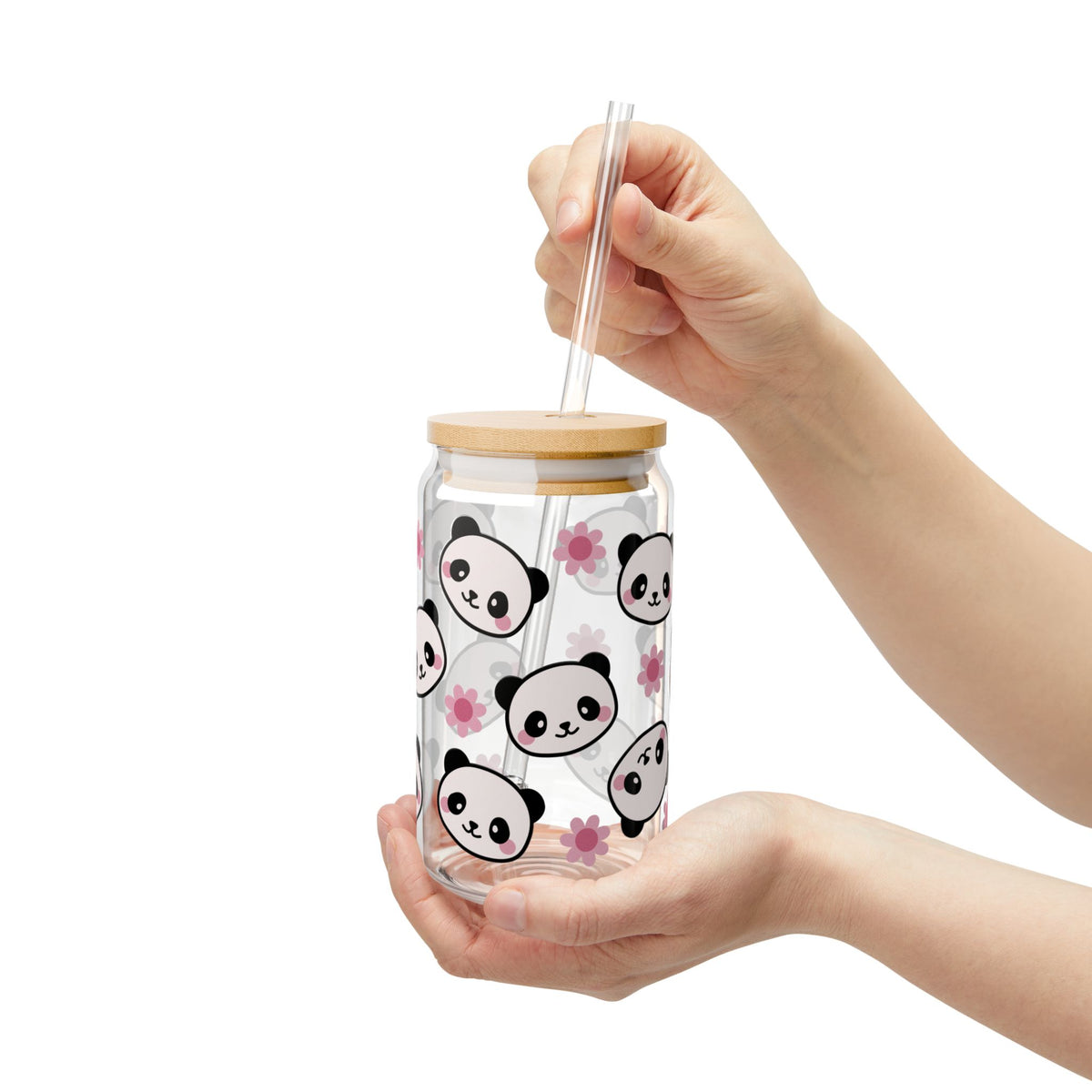 Panda Blossom Tumbler Sipper Glass 16oz — Reusable Drink Jar with Lid & Straw - Sydney So Sweet