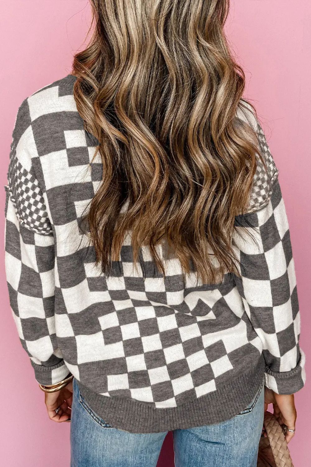 Checkered Round Neck Long Sleeve Sweater - Sydney So Sweet