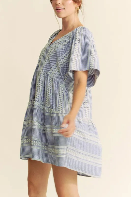 Davi & Dani Embroidered Stripe Ruffled Gingham Mini Dress - Sydney So Sweet