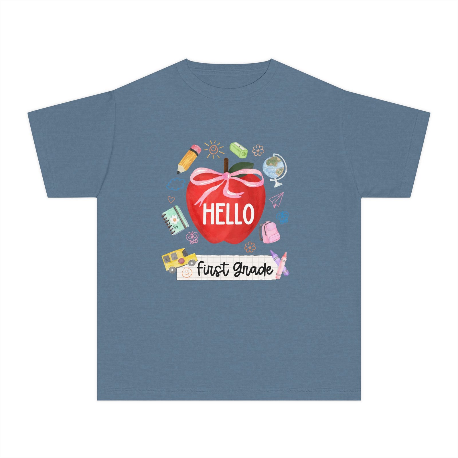 Hello First Grade Preppy Coquette Apple Graphic Tee Back to School 1st Grade T-Shirt