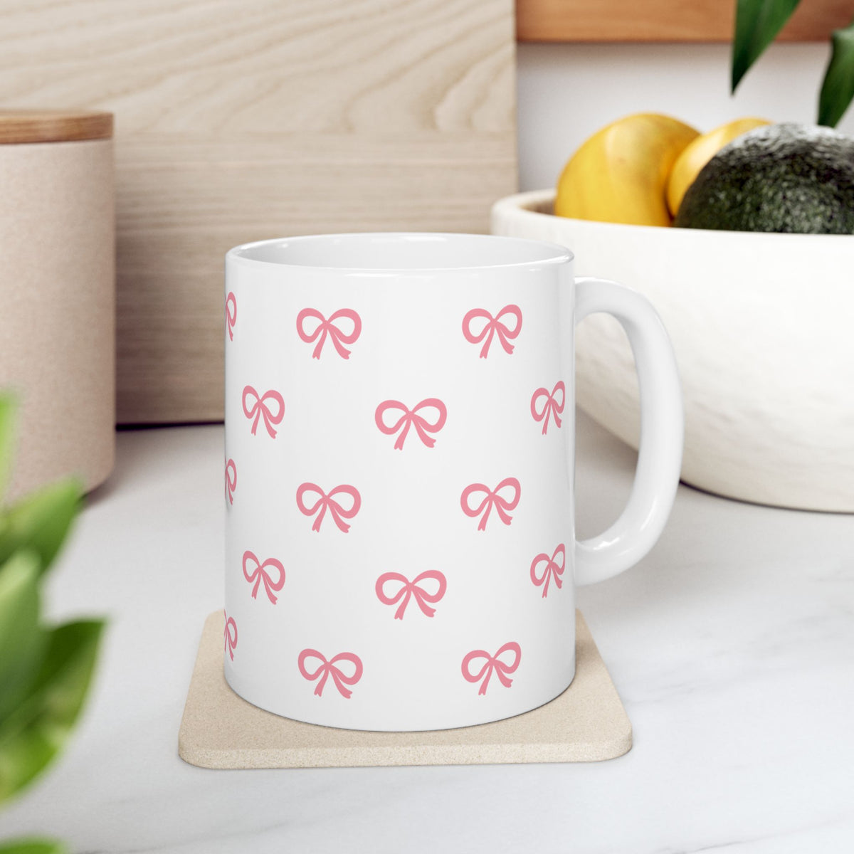 Pink Bow Pattern Ceramic Mug — Cute All-Over Ribbon Design (11oz & 15oz)