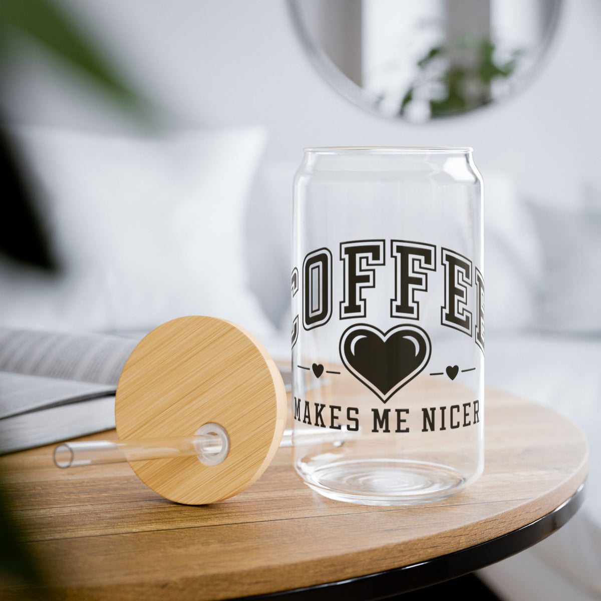 Coffee Makes Me Nicer Heart Sipper Glass 16oz Reusable Drink Jar with Lid & Straw