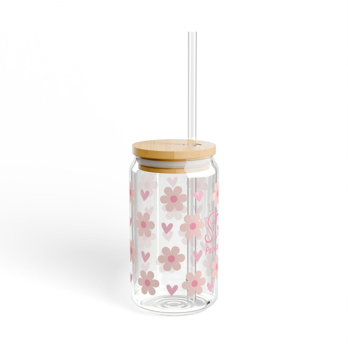 She Is Strong 16 Pink Floral Proverbs 31:25 Christian Tumbler Sipper Glass 16oz — Reusable Drink Jar with Lid & Straw