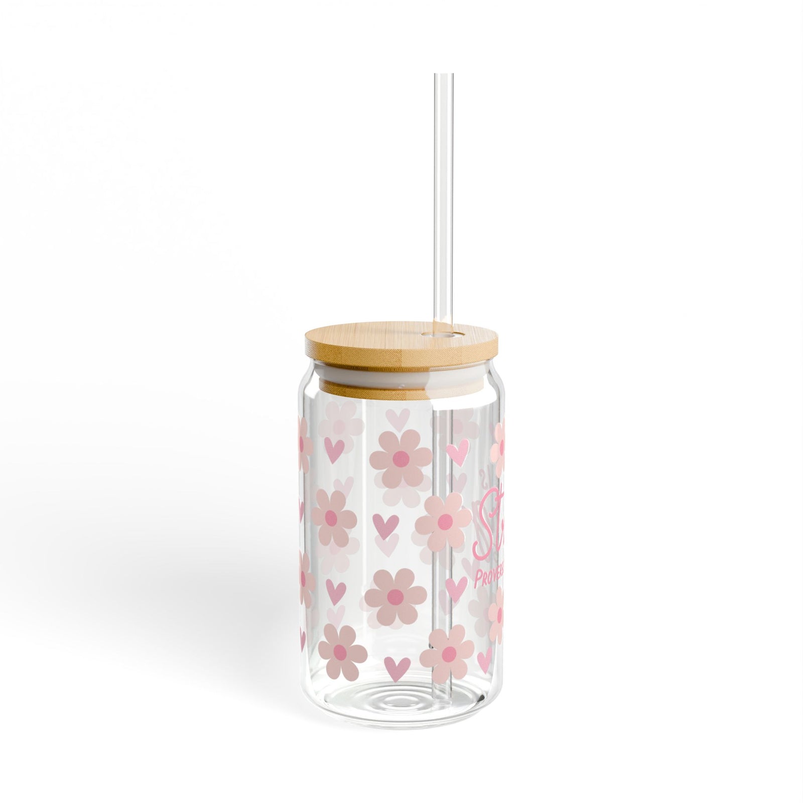 She Is Strong 16 Pink Floral Proverbs 31:25 Christian Tumbler Sipper Glass 16oz — Reusable Drink Jar with Lid & Straw
