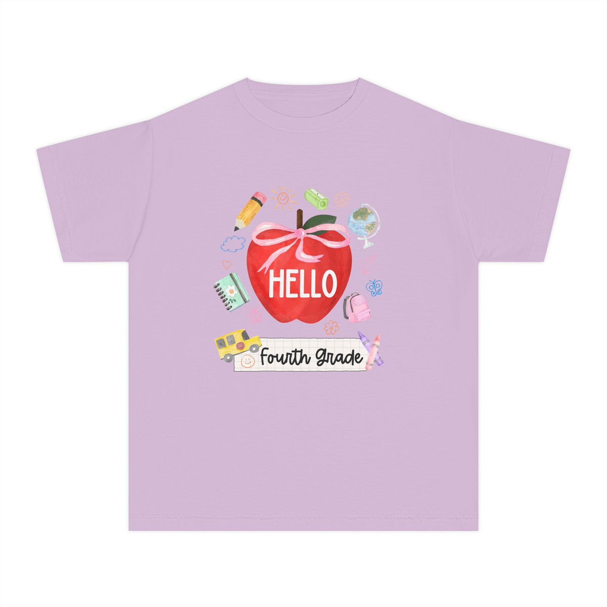 Hello Fourth Grade Preppy Coquette Apple Graphic Tee Back to School 4th Grade T-Shirt