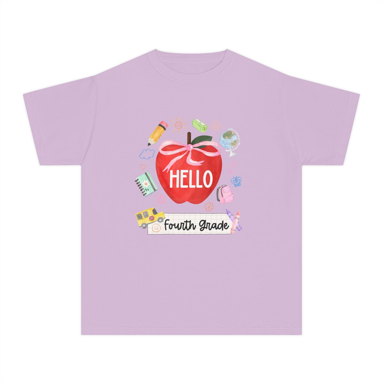 Hello Fourth Grade Preppy Coquette Apple Graphic Tee Back to School 4th Grade T-Shirt