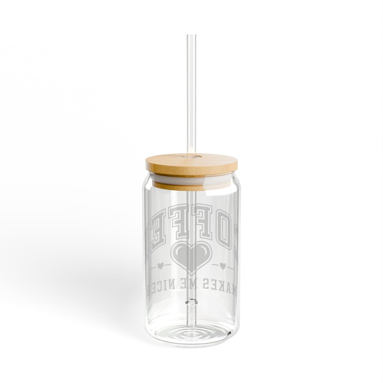 Coffee Makes Me Nicer Heart Sipper Glass 16oz Reusable Drink Jar with Lid & Straw